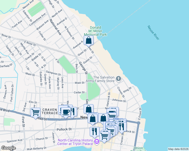 map of restaurants, bars, coffee shops, grocery stores, and more near in New Bern