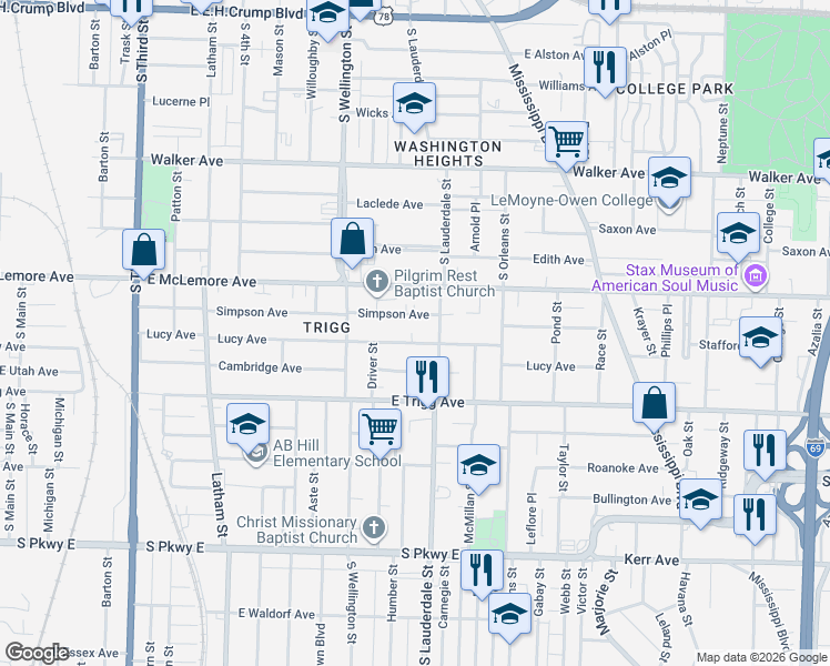 map of restaurants, bars, coffee shops, grocery stores, and more near 516 Simpson Avenue in Memphis