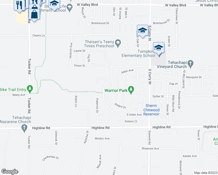 map of restaurants, bars, coffee shops, grocery stores, and more near 1322 Cellini Court in Tehachapi