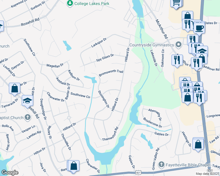 map of restaurants, bars, coffee shops, grocery stores, and more near 612 Southview Circle in Fayetteville
