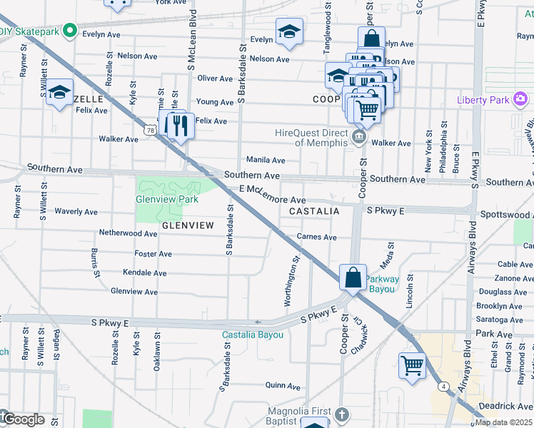map of restaurants, bars, coffee shops, grocery stores, and more near 1967 East McLemore Avenue in Memphis