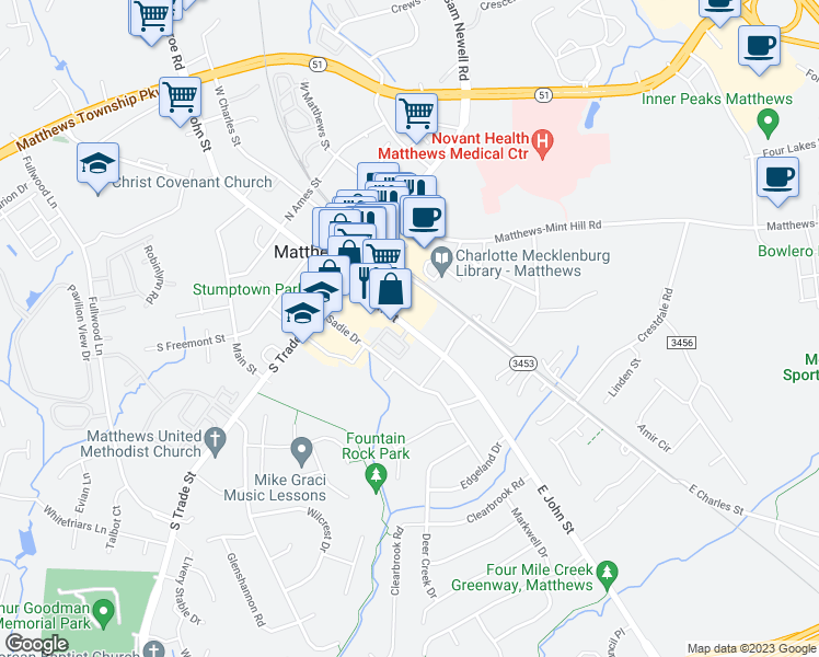 map of restaurants, bars, coffee shops, grocery stores, and more near E John St & Park Square Pl in Matthews