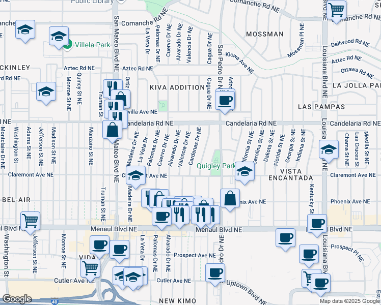 map of restaurants, bars, coffee shops, grocery stores, and more near 2916 Cardenas Drive Northeast in Albuquerque