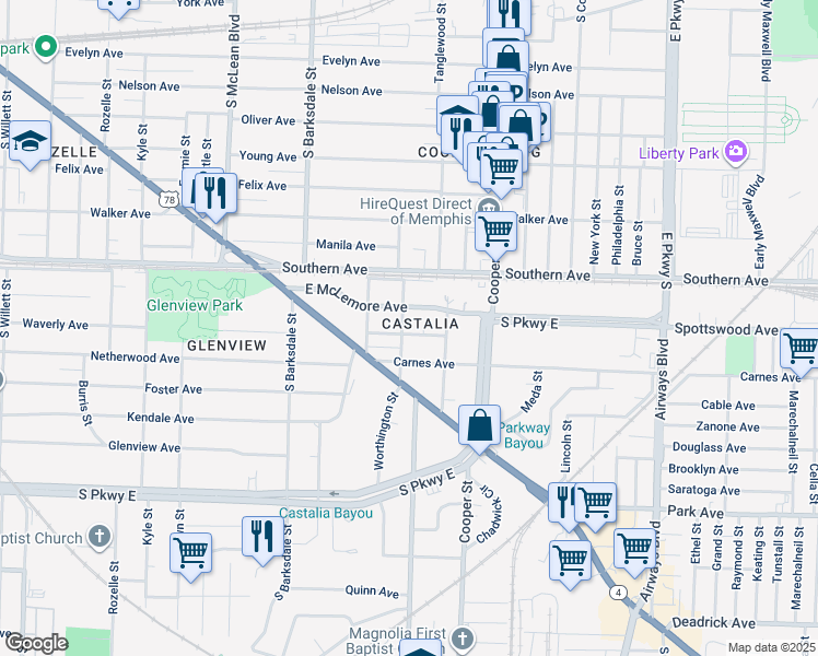map of restaurants, bars, coffee shops, grocery stores, and more near in Memphis