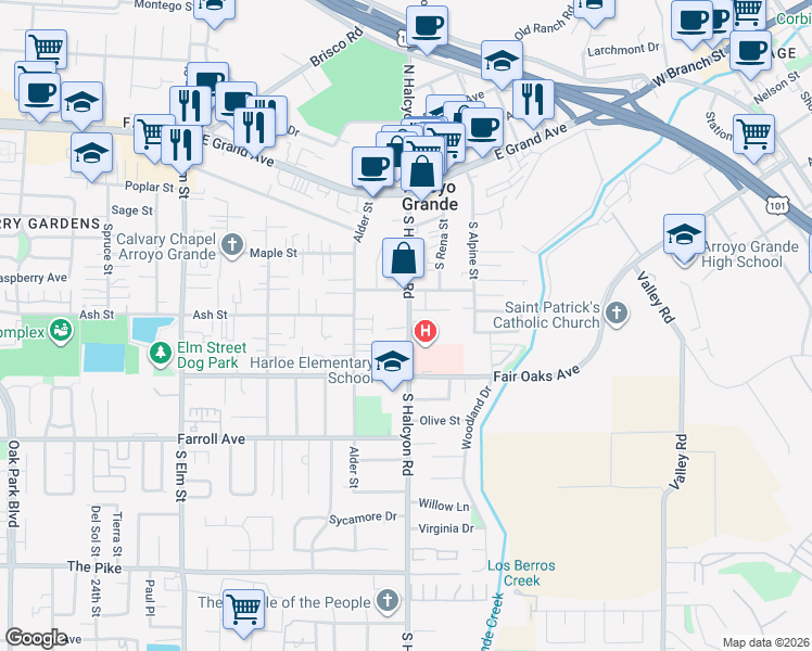 map of restaurants, bars, coffee shops, grocery stores, and more near 291 South Halcyon Road in Arroyo Grande