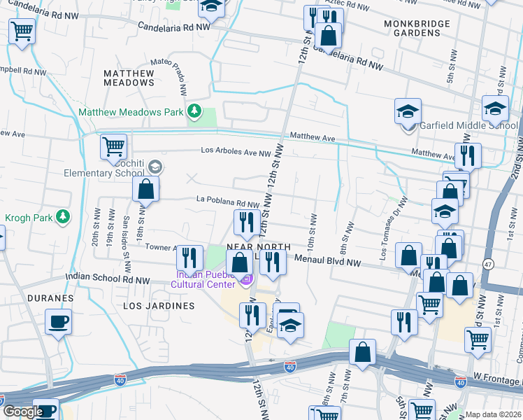 map of restaurants, bars, coffee shops, grocery stores, and more near in Albuquerque