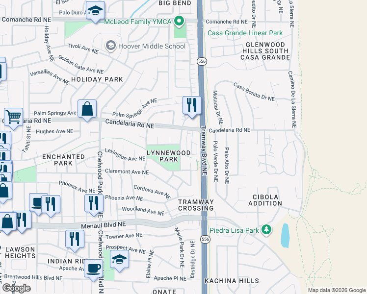 map of restaurants, bars, coffee shops, grocery stores, and more near 2804 Wood Court Northeast in Albuquerque