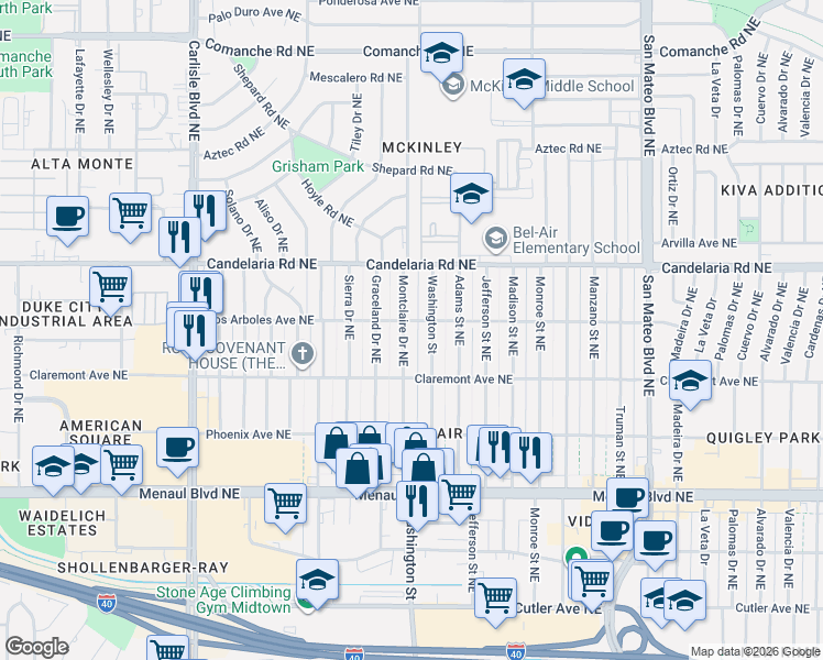 map of restaurants, bars, coffee shops, grocery stores, and more near 2905 Montclaire Drive Northeast in Albuquerque