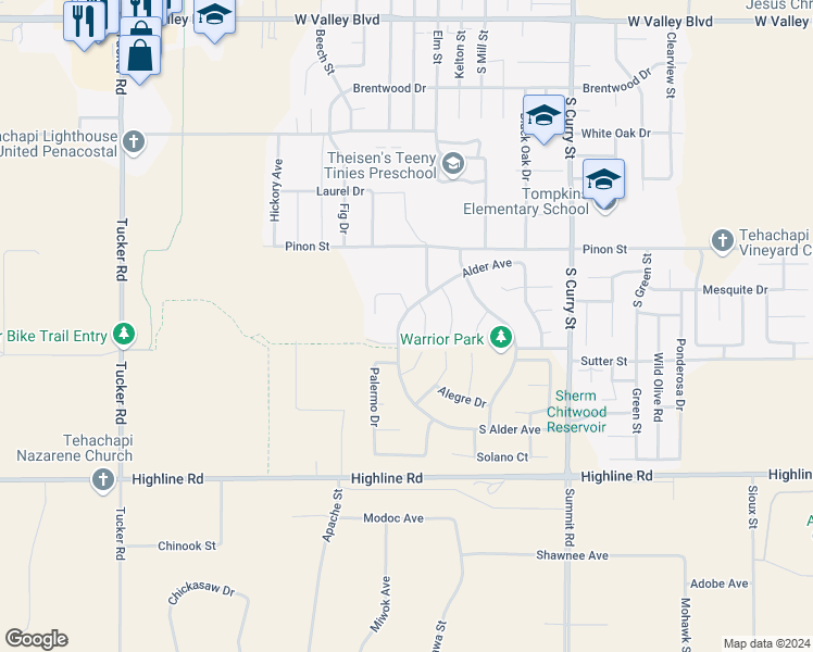map of restaurants, bars, coffee shops, grocery stores, and more near 1406 Alder Avenue in Tehachapi