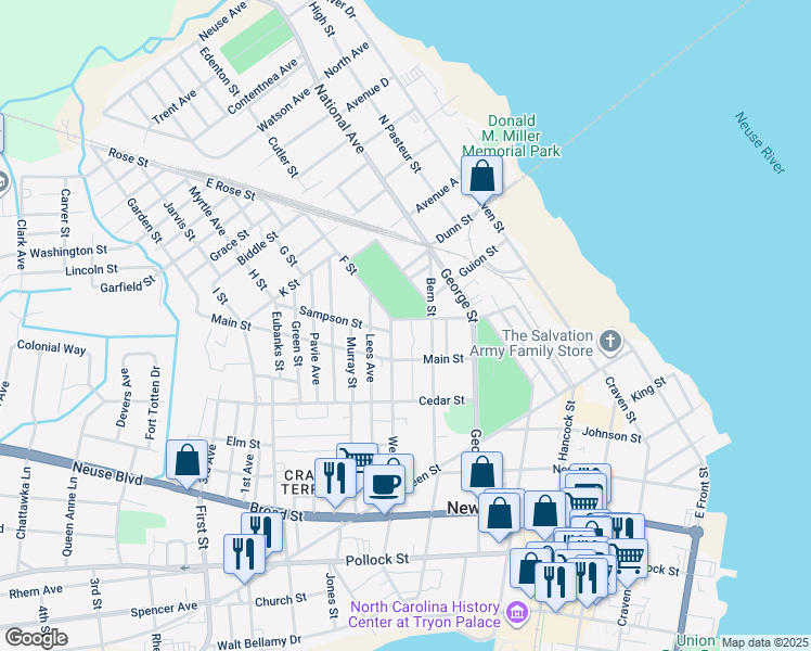 map of restaurants, bars, coffee shops, grocery stores, and more near 819 Cypress Street in New Bern