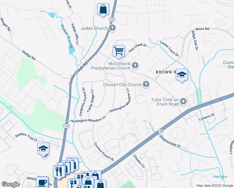 map of restaurants, bars, coffee shops, grocery stores, and more near 15112 Callow Forest Drive in Charlotte