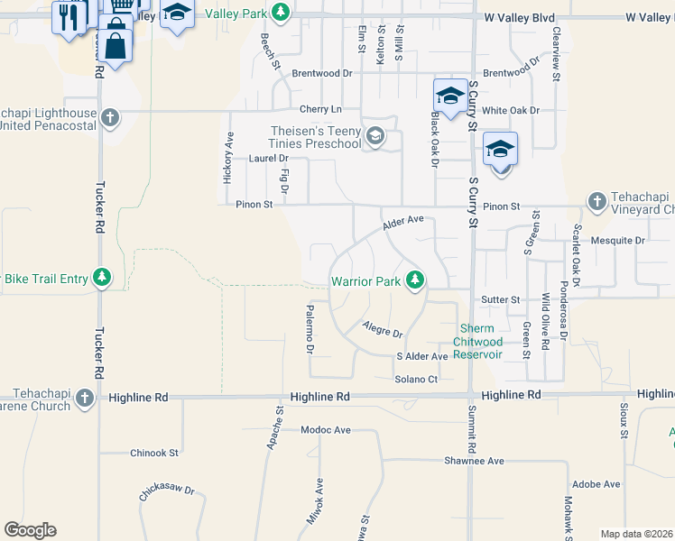 map of restaurants, bars, coffee shops, grocery stores, and more near 1406 Alder Avenue in Tehachapi