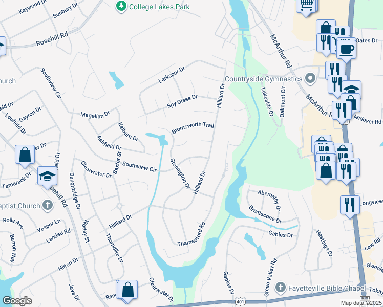 map of restaurants, bars, coffee shops, grocery stores, and more near 612 Southview Circle in Fayetteville