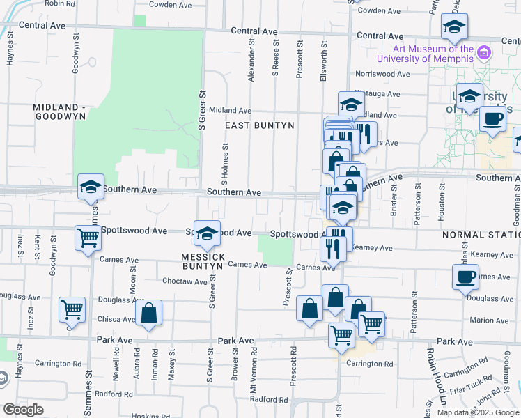 map of restaurants, bars, coffee shops, grocery stores, and more near in Memphis