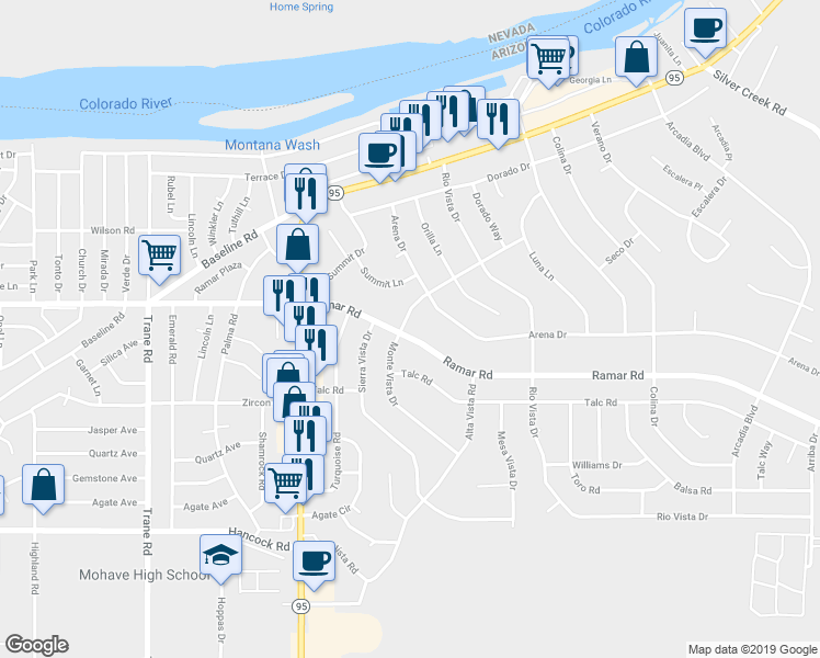 map of restaurants, bars, coffee shops, grocery stores, and more near 1605 Ramar Road in Bullhead City