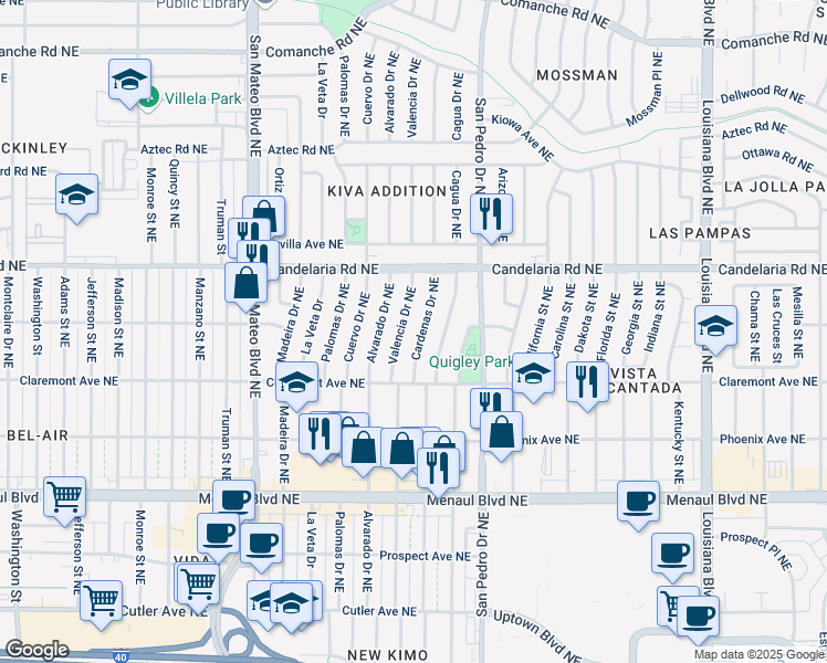 map of restaurants, bars, coffee shops, grocery stores, and more near 2916 Cardenas Drive Northeast in Albuquerque