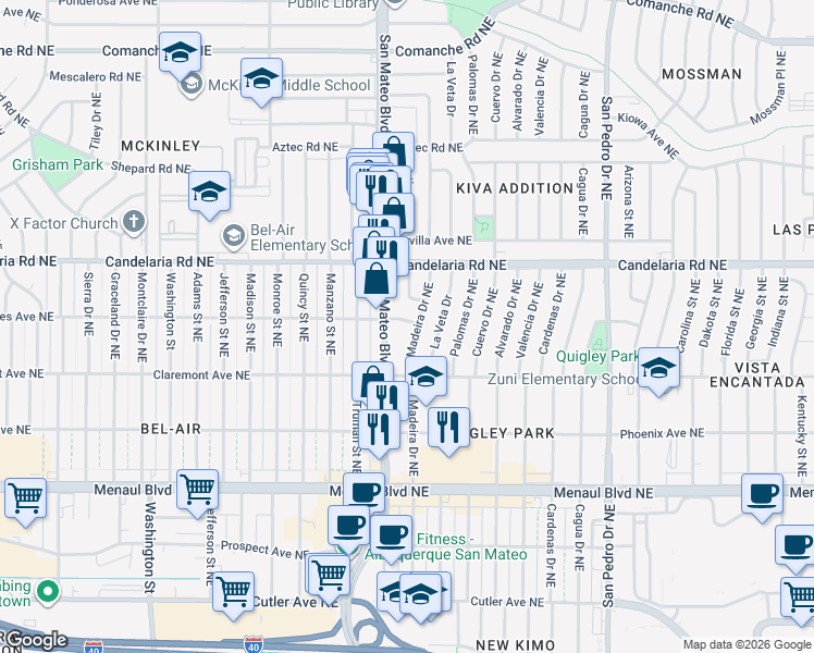 map of restaurants, bars, coffee shops, grocery stores, and more near 2909 Ortiz Drive Northeast in Albuquerque