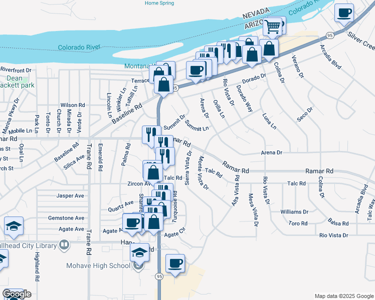 map of restaurants, bars, coffee shops, grocery stores, and more near 1569 Ramar Road in Bullhead City