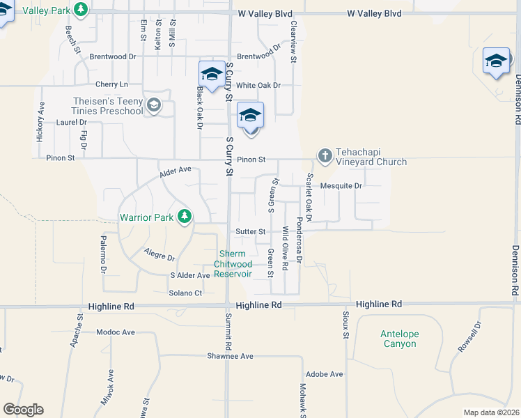 map of restaurants, bars, coffee shops, grocery stores, and more near 1233 South Green Street in Tehachapi