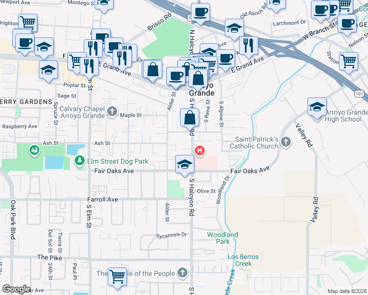 map of restaurants, bars, coffee shops, grocery stores, and more near 280 South Halcyon Road in Arroyo Grande