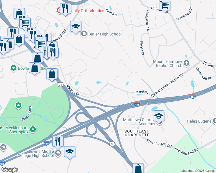 map of restaurants, bars, coffee shops, grocery stores, and more near 2134 Alexander Ridge Drive in Matthews