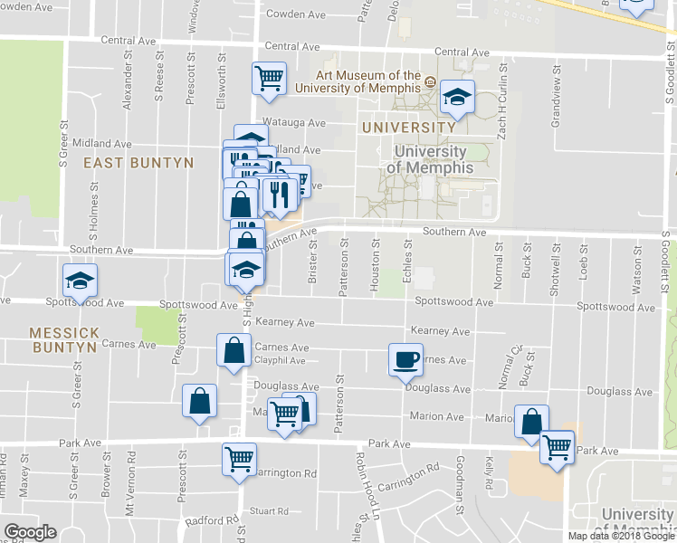 map of restaurants, bars, coffee shops, grocery stores, and more near 605 Patterson Street in Memphis