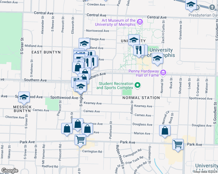 map of restaurants, bars, coffee shops, grocery stores, and more near 605 Patterson Street in Memphis