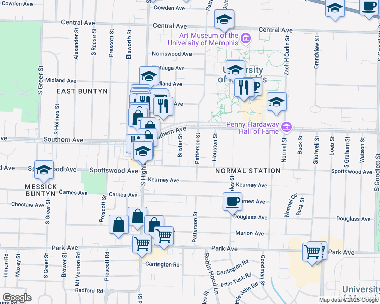 map of restaurants, bars, coffee shops, grocery stores, and more near 605 Patterson Street in Memphis