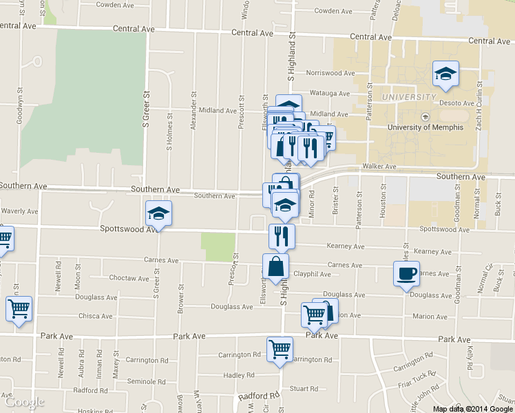 map of restaurants, bars, coffee shops, grocery stores, and more near 3447 Southern Avenue in Memphis