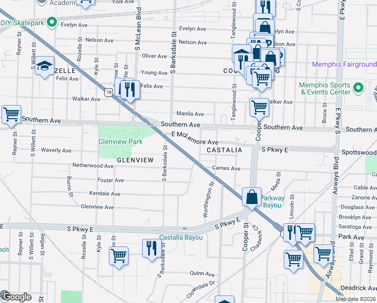 map of restaurants, bars, coffee shops, grocery stores, and more near 1967 East McLemore Avenue in Memphis