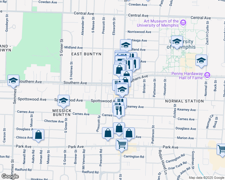 map of restaurants, bars, coffee shops, grocery stores, and more near 3449 Southern Avenue in Memphis