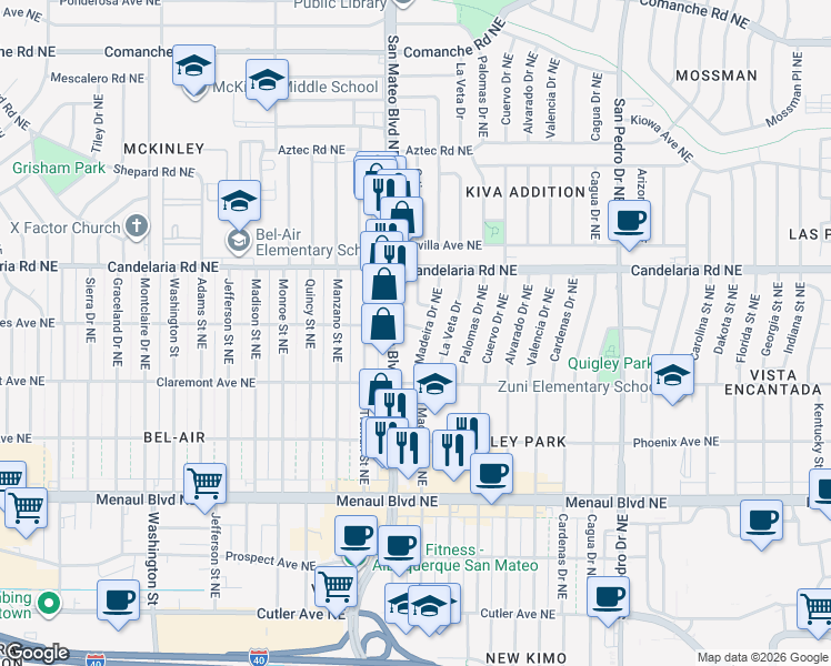 map of restaurants, bars, coffee shops, grocery stores, and more near 2909 Ortiz Drive Northeast in Albuquerque
