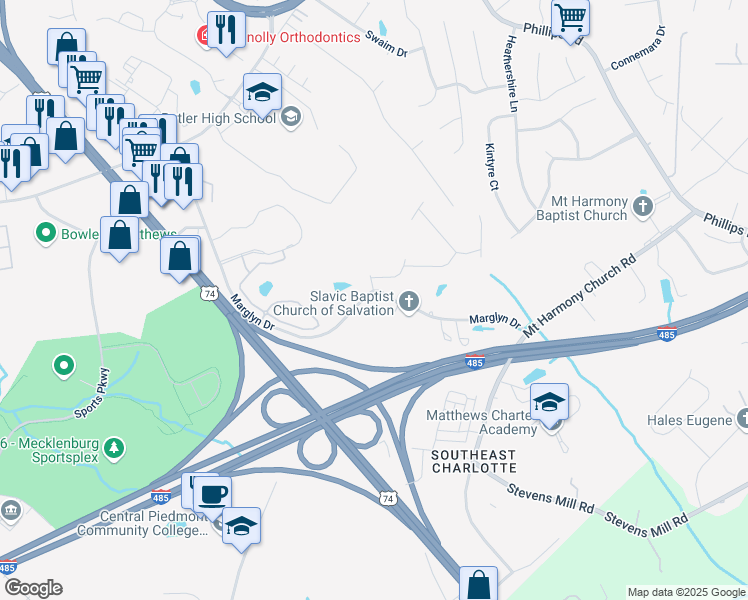map of restaurants, bars, coffee shops, grocery stores, and more near 1748 Marglyn Drive in Matthews