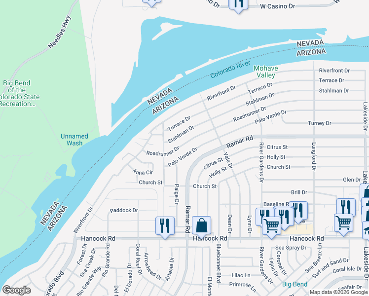 map of restaurants, bars, coffee shops, grocery stores, and more near 551 Roadrunner Drive in Bullhead City