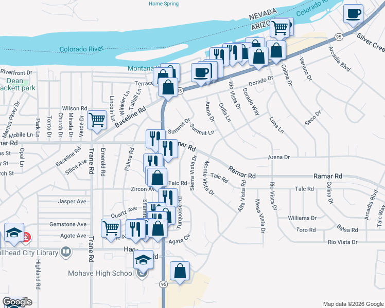 map of restaurants, bars, coffee shops, grocery stores, and more near 1569 Ramar Road in Bullhead City