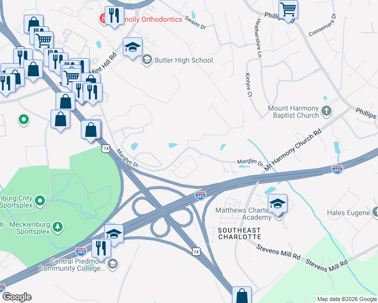 map of restaurants, bars, coffee shops, grocery stores, and more near 2134 Alexander Ridge Drive in Matthews