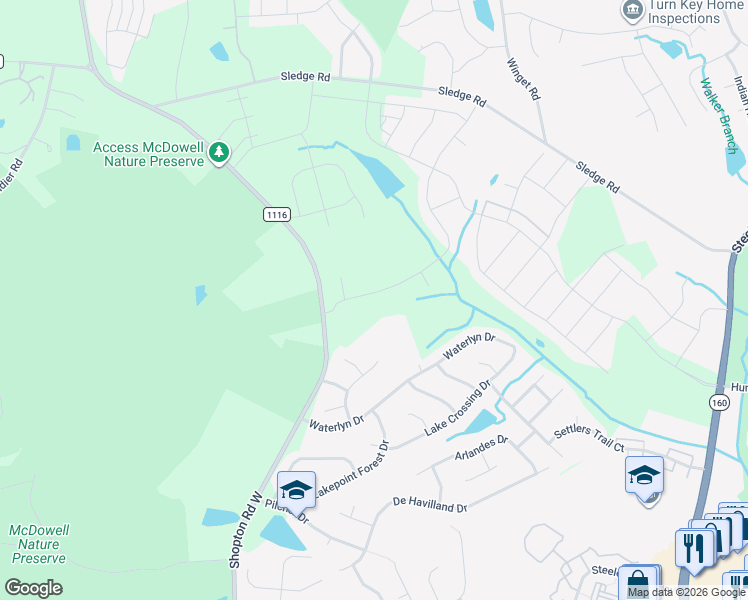 map of restaurants, bars, coffee shops, grocery stores, and more near 15201 Shopton Road West in Charlotte
