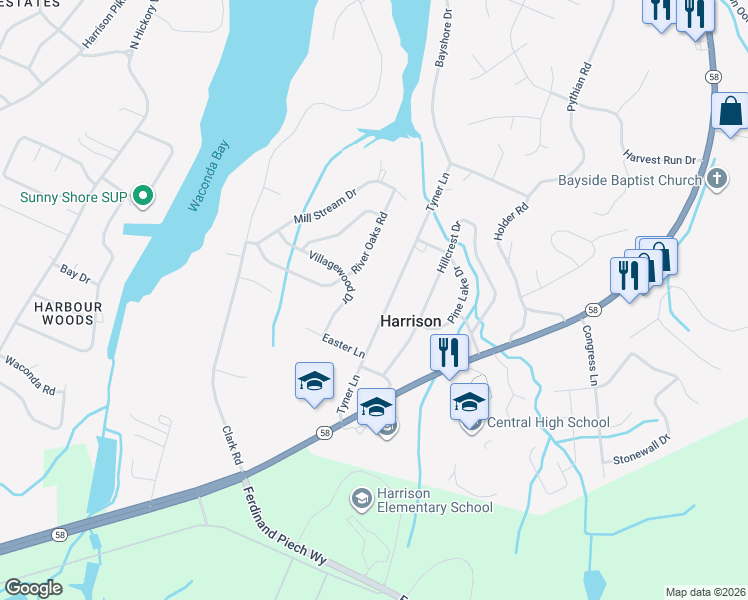 map of restaurants, bars, coffee shops, grocery stores, and more near 9202 River Oaks Road in Harrison