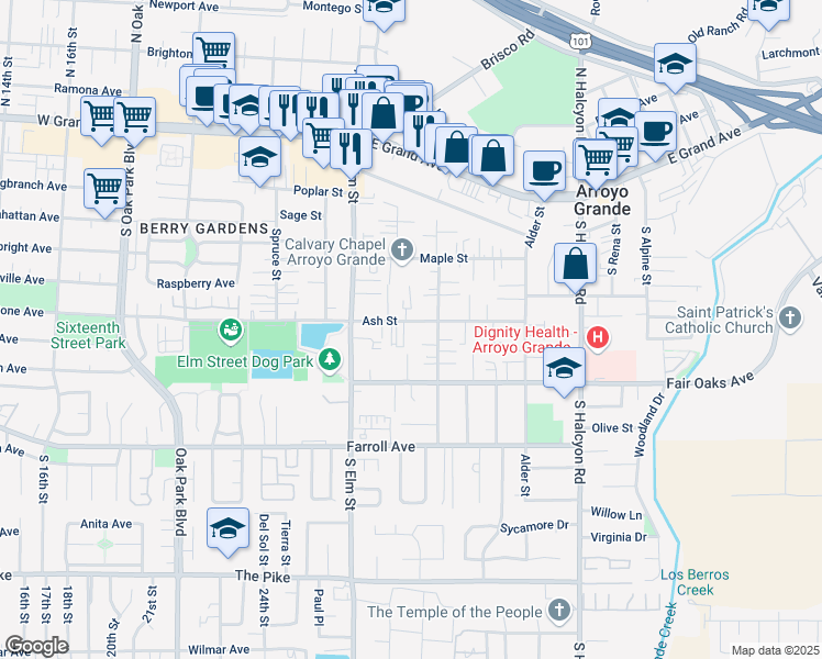 map of restaurants, bars, coffee shops, grocery stores, and more near 1139 Ash Street in Arroyo Grande