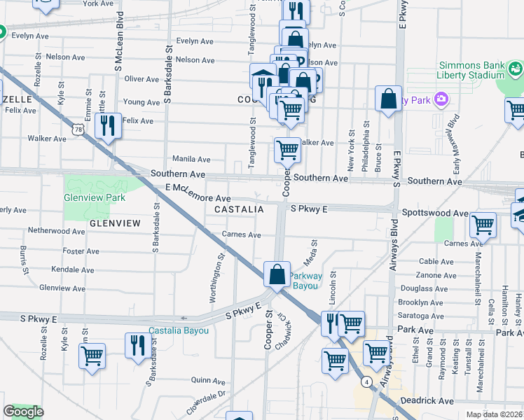 map of restaurants, bars, coffee shops, grocery stores, and more near 2098 East McLemore Avenue in Memphis