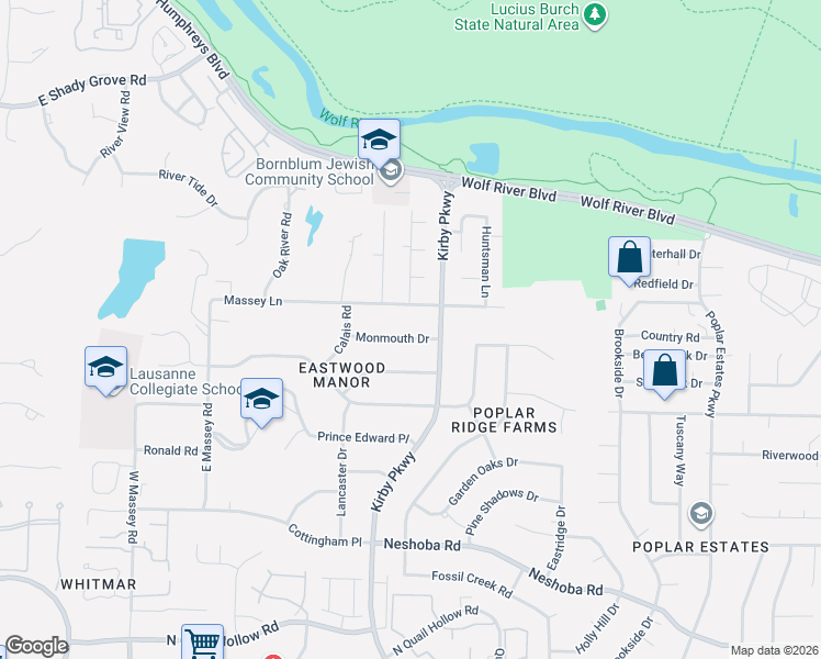 map of restaurants, bars, coffee shops, grocery stores, and more near 6667 Massey Lane in Memphis