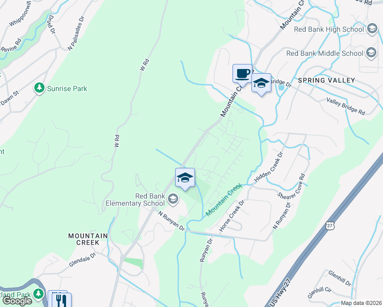 map of restaurants, bars, coffee shops, grocery stores, and more near 1120 Mountain Creek Road in Chattanooga