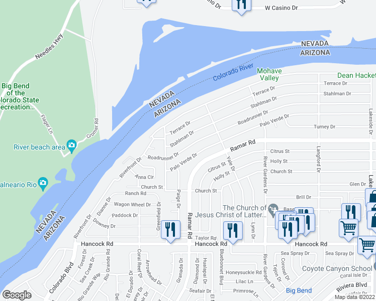map of restaurants, bars, coffee shops, grocery stores, and more near 542 Roadrunner Drive in Bullhead City