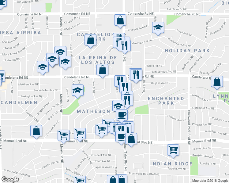 map of restaurants, bars, coffee shops, grocery stores, and more near 2901 Juan Tabo Boulevard Northeast in Albuquerque