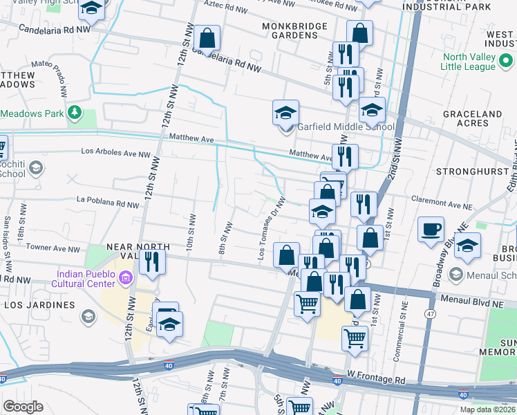 map of restaurants, bars, coffee shops, grocery stores, and more near 3021 Foraker Court Northwest in Albuquerque