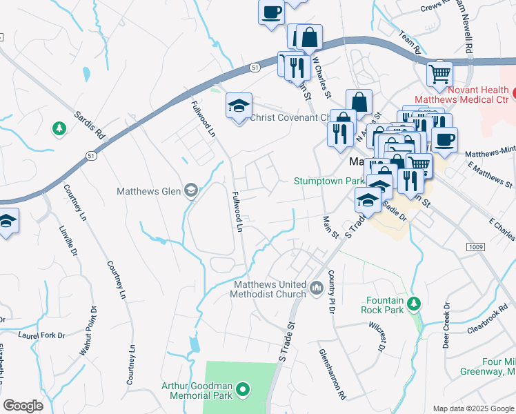 map of restaurants, bars, coffee shops, grocery stores, and more near 425 Eberle Way in Matthews