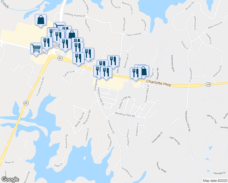 map of restaurants, bars, coffee shops, grocery stores, and more near 2138 Shady Pond Drive in Clover