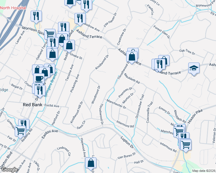map of restaurants, bars, coffee shops, grocery stores, and more near 3735 Thrushwood Drive in Chattanooga
