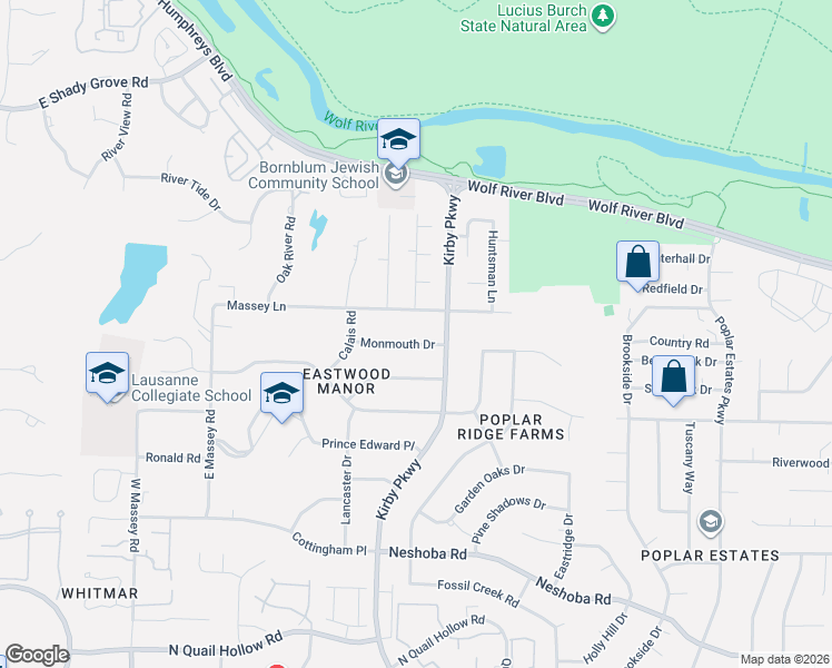 map of restaurants, bars, coffee shops, grocery stores, and more near 6667 Massey Lane in Memphis