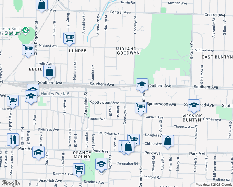 map of restaurants, bars, coffee shops, grocery stores, and more near 637 Kent Street in Memphis